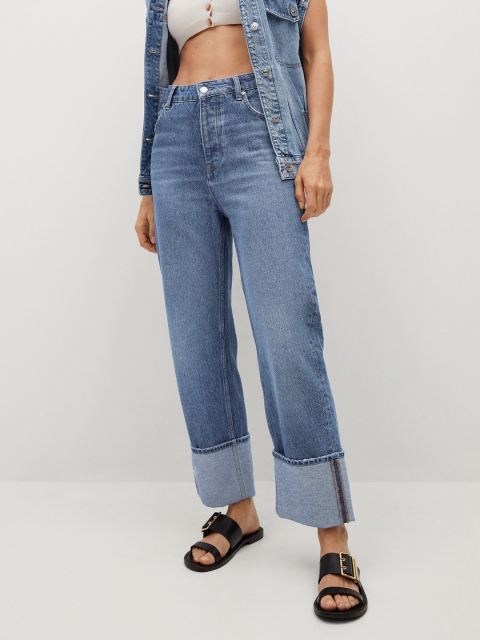 

MANGO Women Blue Pure Cotton Straight Fit High-Rise Clean Look Jeans