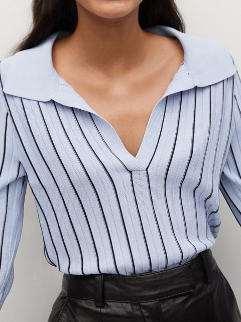 

MANGO Women Blue & Black Striped Polo Collar T-shirt