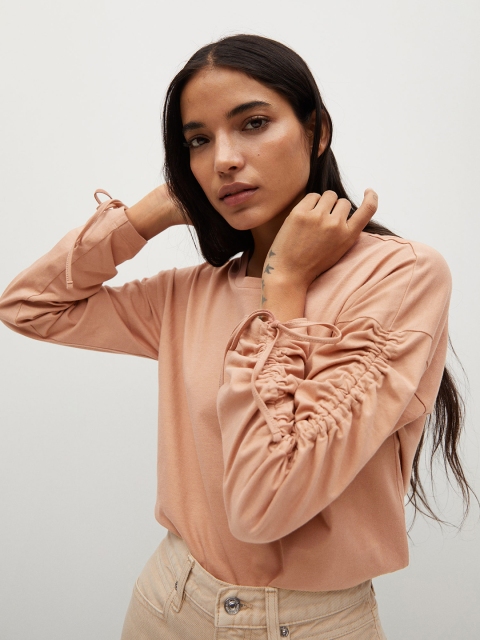 

Mango Peach-Coloured Solid Gathered Sleeves Organic Cotton Regular Sustainable Top