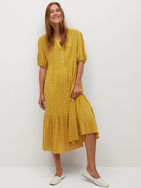 

MANGO Women Mustard Yellow & White Self Design A-Line Tiered Dress