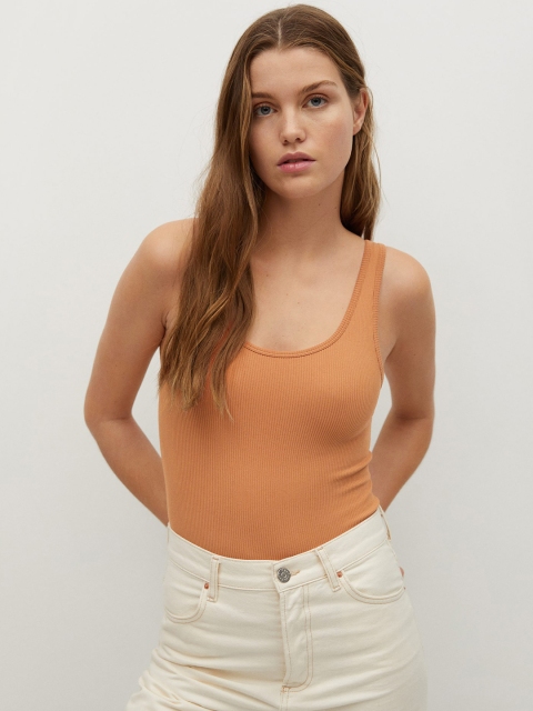 

MANGO Women Green Soild Ribbed Bodysuit, Orange