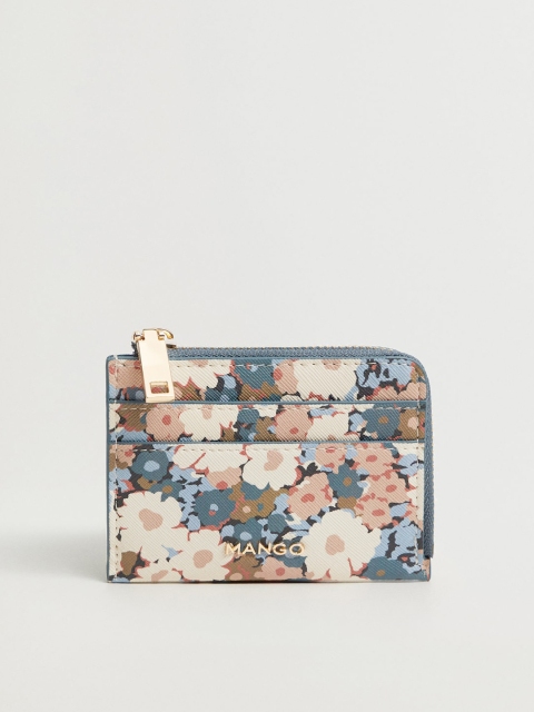 

MANGO Women Beige & Teal Blue Floral Printed Zip Around Wallet