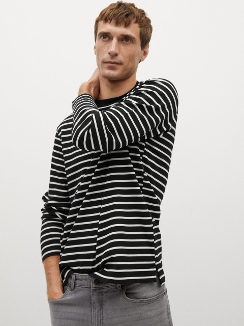 

MANGO MAN Men Black & Off-White Striped Round Neck T-shirt