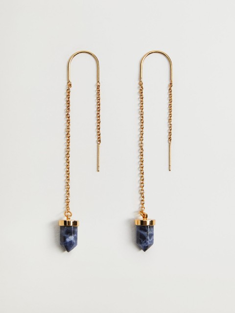 

MANGO Gold-Toned & Navy Blue Stone-Studded Contemporary Needle Drop Earrings