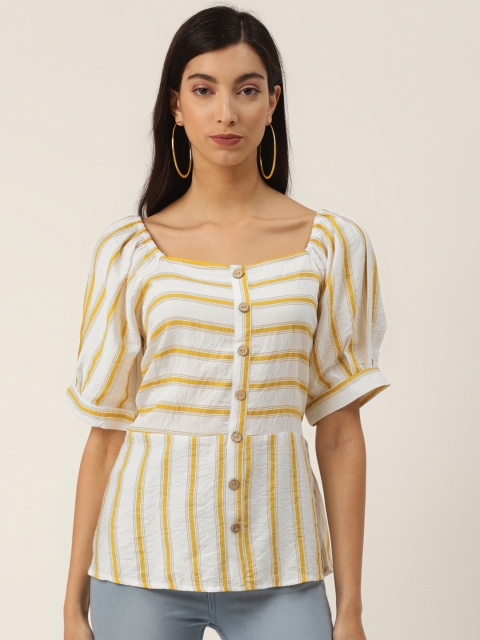 

LABEL REGALIA White & Mustard Yellow Striped Puff Sleeves A-Line Top
