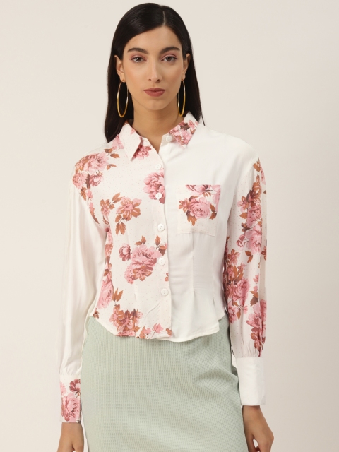 

LABEL REGALIA Women White & Pink Regular Fit Floral Printed Casual Shirt