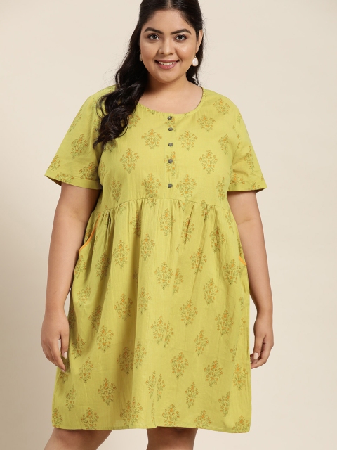 

Sztori Women Plus Size Green & Orange Ethnic Print Pure Cotton A-Line Dress