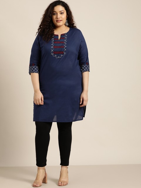 

Sztori Women Plus Size Blue Pure Cotton Yoke Design Straight Kurta