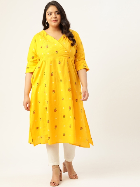 

Sztori Women Plus Size Yellow & Maroon Ethnic Motifs Print Cotton Panelled Angrakha Kurta