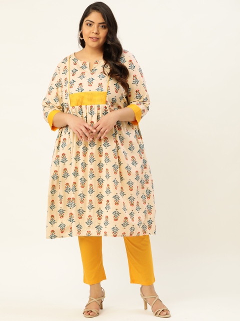 

Sztori Women Plus Size Cream-Coloured & Teal Blue Ethnic Motifs Printed A-Line Kurta