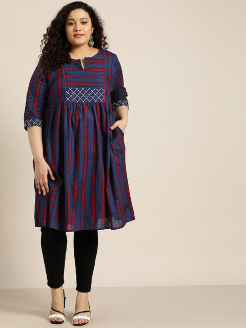 

Sztori Women Plus Size Navy Blue & Red Striped A-Line Kurta