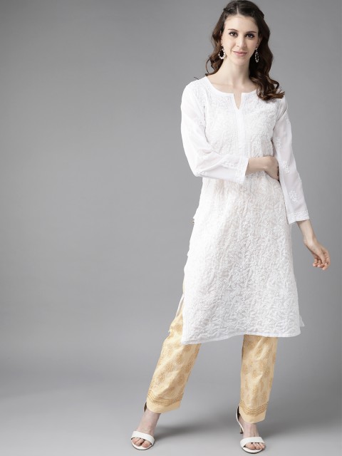 

ADA Women White & Beige Sustainable Hand Embroidered Chikankari Kurta with Palazzos