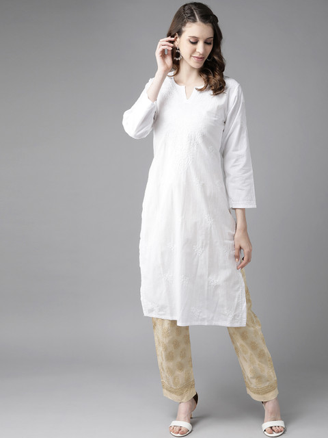 

ADA Women White & Beige Pure Cotton Chikankari Embroidered Kurta with Palazzos