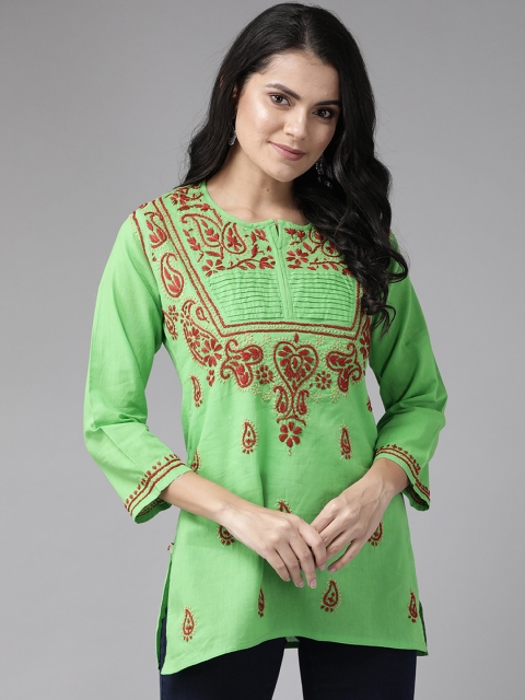 

ADA Women Green & Maroon Chikankari Hand Embroidered Straight Kurti