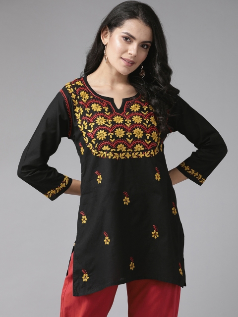 

ADA Women Black & Mustard Yellow Chikankari Hand Embroidered Straight Kurti