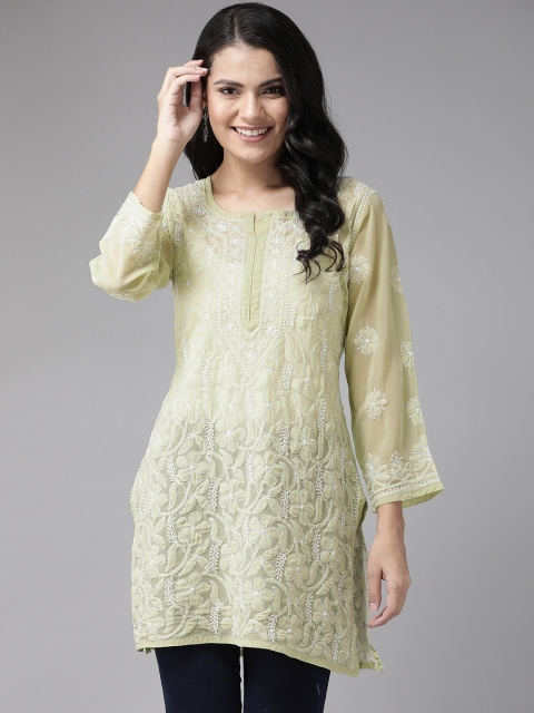 

ADA Women Green & Off-White Chikankari Hand Embroidered Straight Kurta