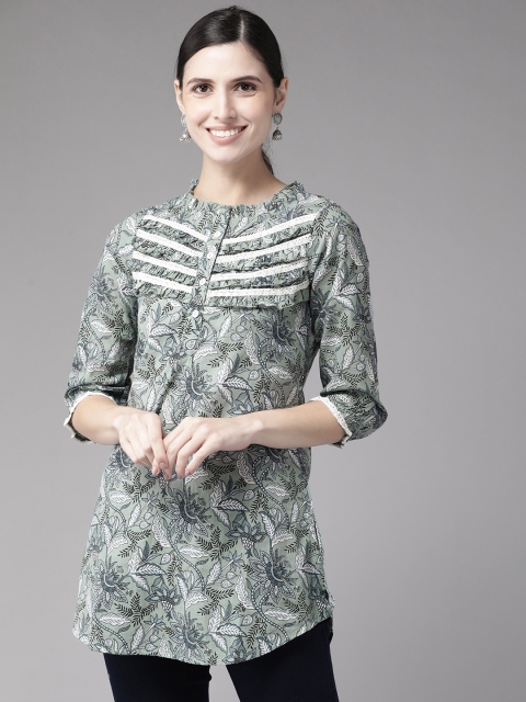 

Rain & Rainbow Women Grey & Blue Pure Cotton Printed Kurti