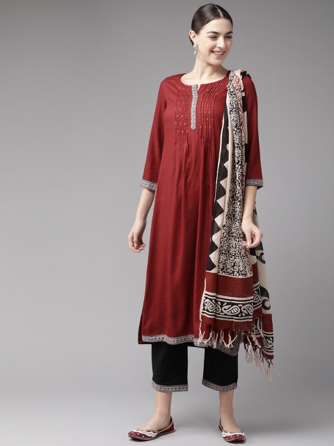 

Rain & Rainbow Women Maroon & Black Yoke Design Kurta with Trousers & Dupatta