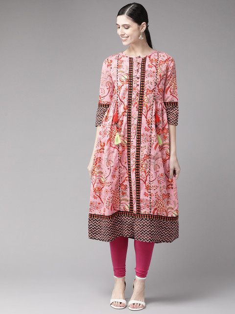 

Rain & Rainbow Women Pink & Orange Ethnic Motifs Printed A-Line Kurta