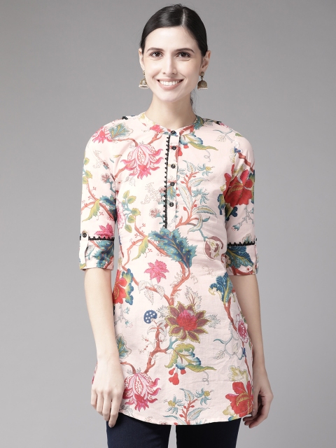 

Rain & Rainbow Women Peach-Colored & Red Pure Cotton Printed A-Line Kurti