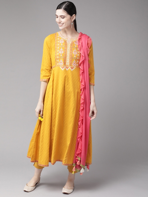 

Rain & Rainbow Women Mustard Yellow & Pink Woven Design Kurta with Trousers & Dupatta