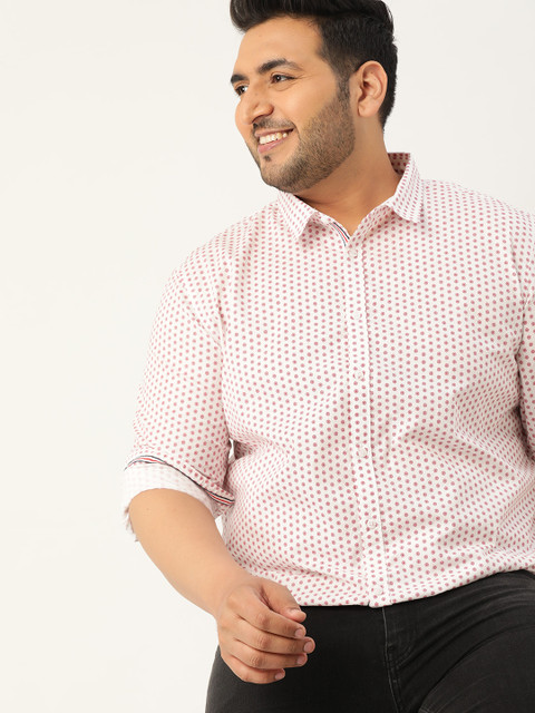 

Sztori Men Plus Size White & Pink Regular Fit Pure Cotton Printed Casual Shirt