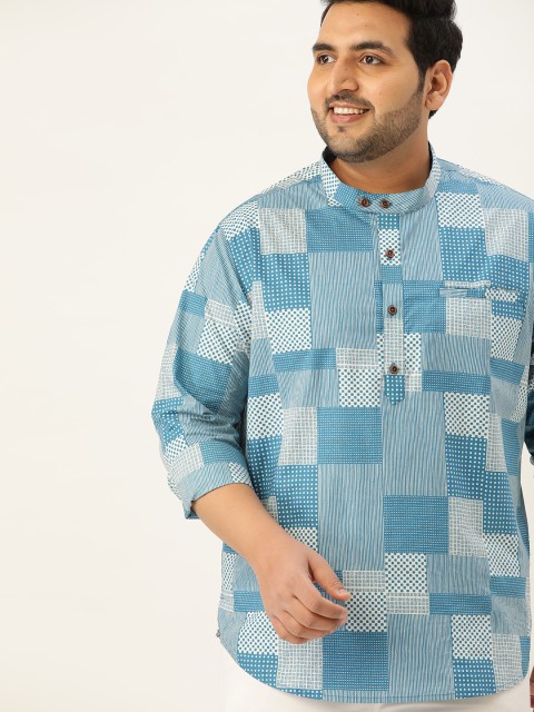 

Sztori Men Plus Size Blue & White Geometric Printed Short Kurta