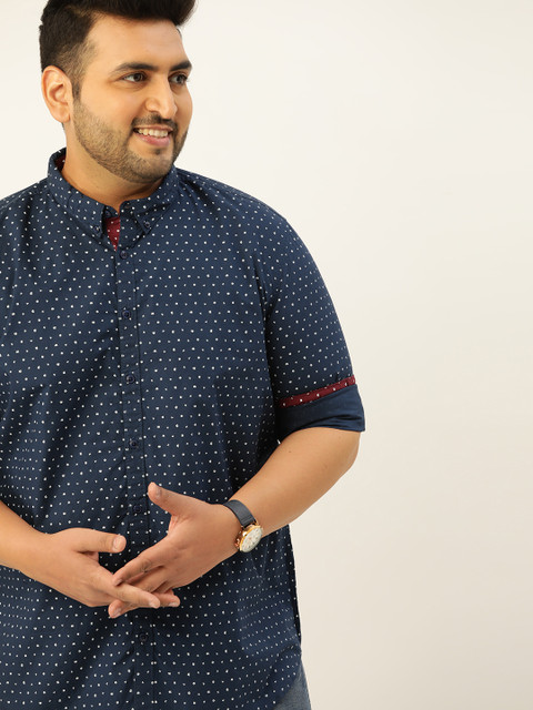 

Sztori Men Plus Size Navy Blue Geometric Print Pure Cotton Casual Shirt