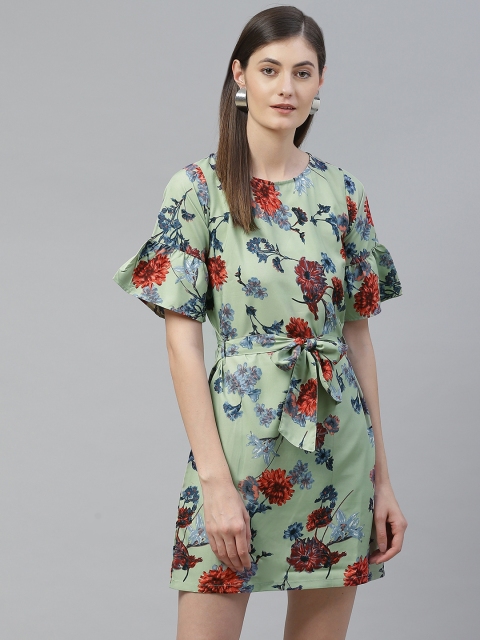 

SIRIKIT Women Sea Green & Blue Floral Print Shift Dress with Belt