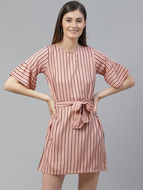 

SIRIKIT Women Peach-Coloured & Black Striped Shift Dress with Belt