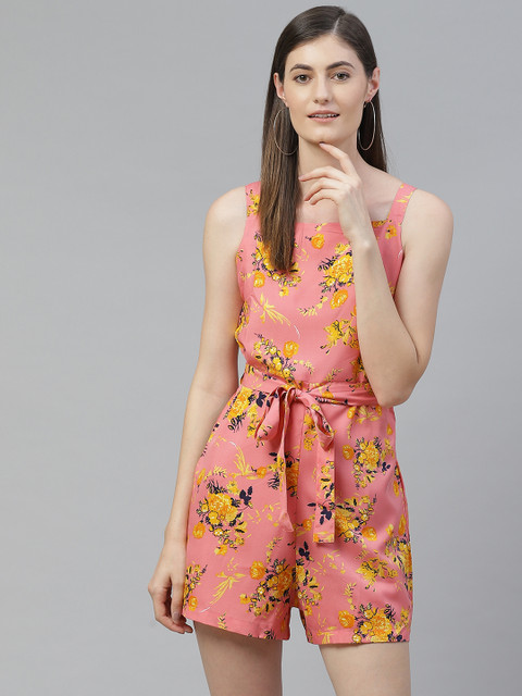 

SIRIKIT Women Peach-Coloured & Yellow Floral Print Playsuit with Belt