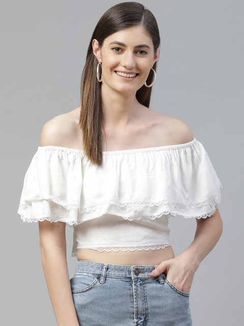 

SIRIKIT White Solid Off-Shoulder Flutter Sleeves Layered Crop Bardot Top
