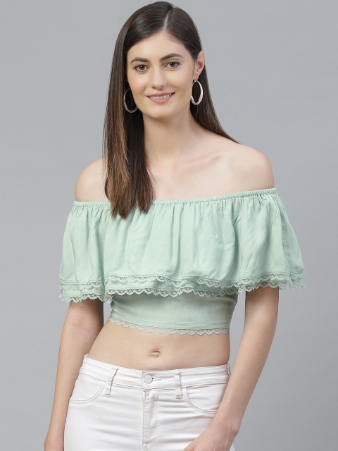 

SIRIKIT Sea Green Solid Off-Shoulder Flutter Sleeves Layered Crop Bardot Top