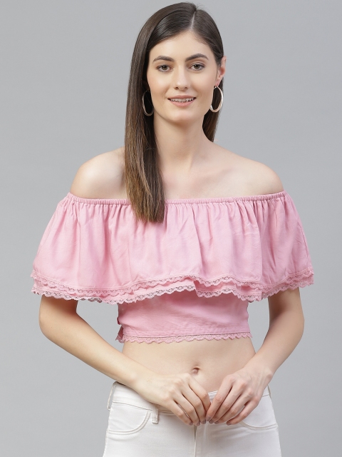 

SIRIKIT Pink Solid Off-Shoulder Flutter Sleeves Layered Crop Bardot Top