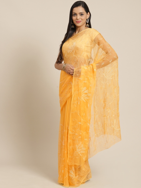 

Geroo Jaipur Hand Embroidered Yellow Sequins Jaal Pure Chiffon Sustainable Saree