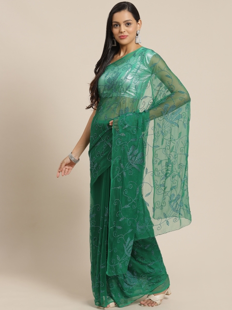 

Geroo Jaipur Hand Embroidered Green Sequins Jaal Pure Chiffon Sustainable Saree