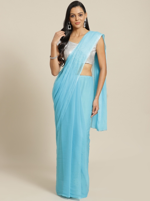 

Geroo Jaipur Hand Embroidered Blue Mukaish Chiffon Sustainable Saree