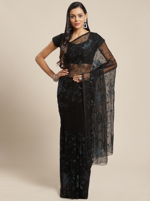 

Geroo Jaipur Hand Embroidered Black Sequins Jaal Pure Chiffon Sustainable Saree