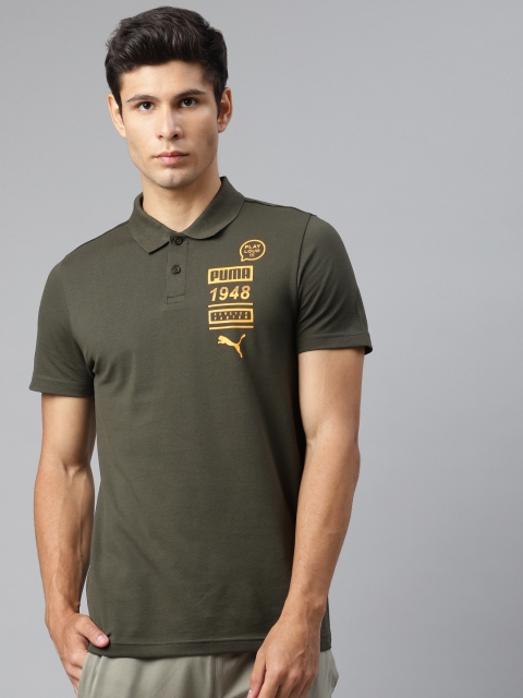 

Puma Men Olive Green Graphic Printed Polo T-Shirt