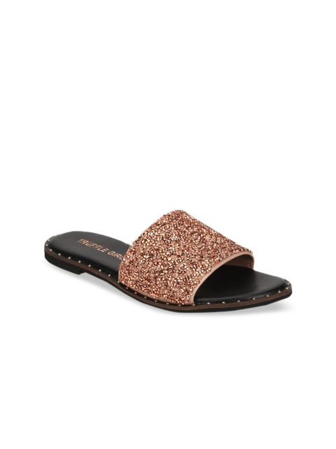 

Truffle Collection Women Rose Gold Embellished PU Open Toe Flats