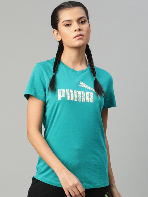 

Puma Women Turquoise Blue Pure Cotton Graphic Brand Logo Print 19 Round Neck Pure Cotton T-shirt