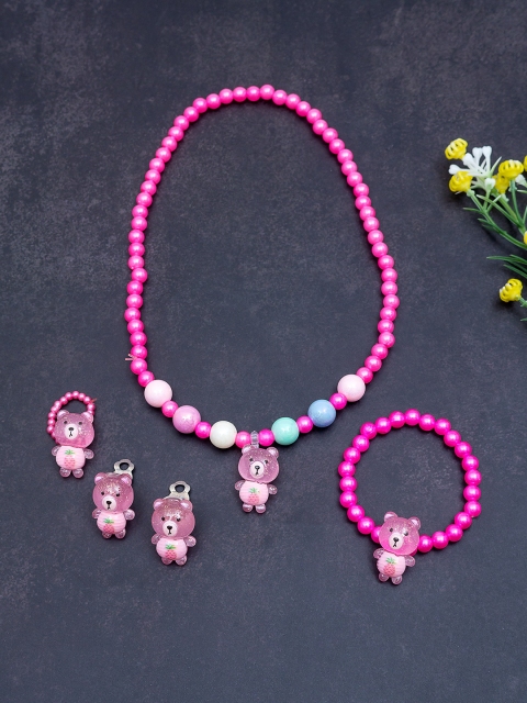 

Golden Peacock Girls Pink & Blue Pearl Beaded Teddy Bear Shaped Handcrafted Jewellery Set With Trolley Bag