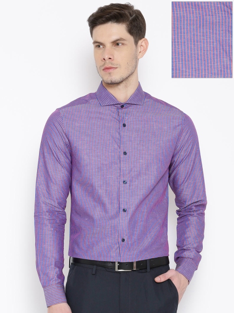 

Blackberrys Blue Striped Linen Blend Trim Fit Formal Shirt