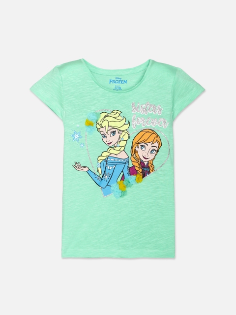 

Kids Ville Girls Green Elsa & Anna Printed Round Neck Pure Cotton T-shirt