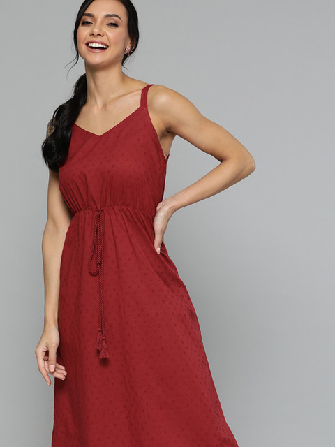 

HERE&NOW Maroon Pure Cotton Dobby Woven Design Midi A-Line Dress