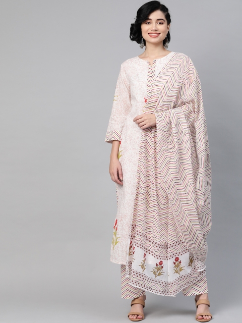 

HERE&NOW Women White & Mauve Motifs Printed Pure Cotton Kurta with Palazzos & Dupatta