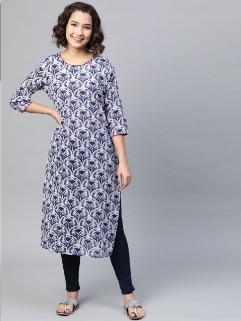

HERE&NOW Women Blue & White Cotton Ethnic Motifs Printed Straight Kurta