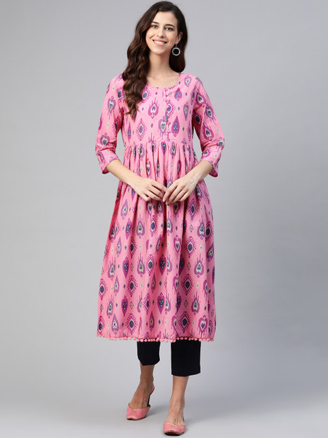 

HERE&NOW Women Pink & Navy Blue Pure Cotton Ethnic Motifs Print Gathered A-line Kurta