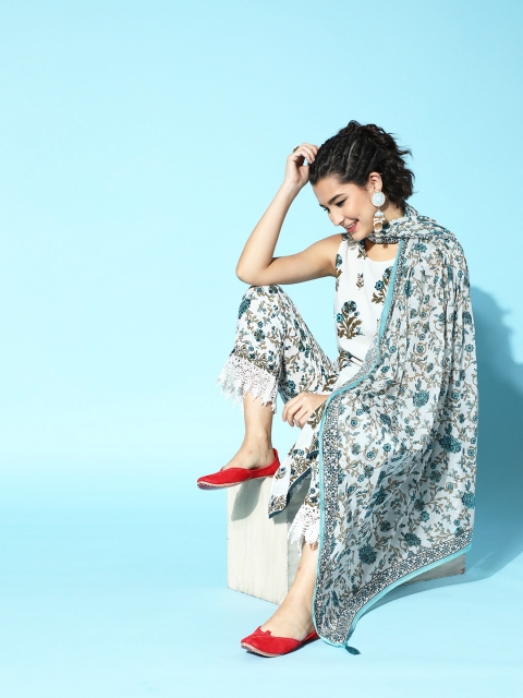 

HERE&NOW Women White & Teal Blue Printed Pure Cotton Kurta with Trousers & Dupatta