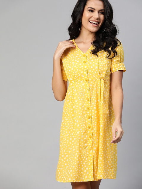 

HERE&NOW Yellow & White Pure Cotton Floral Print Pleated A-Line Dress